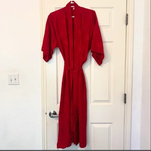 SILK ROBE WOMENS SIZE MEDIUM RED FLORAL BELTED TIE LONG 3/4 SLEEVES